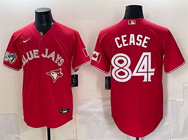 Men's Red Toronto Blue Jays #84 Dylan Cease 50 Seasons Patch Stitched Baseball Jersey